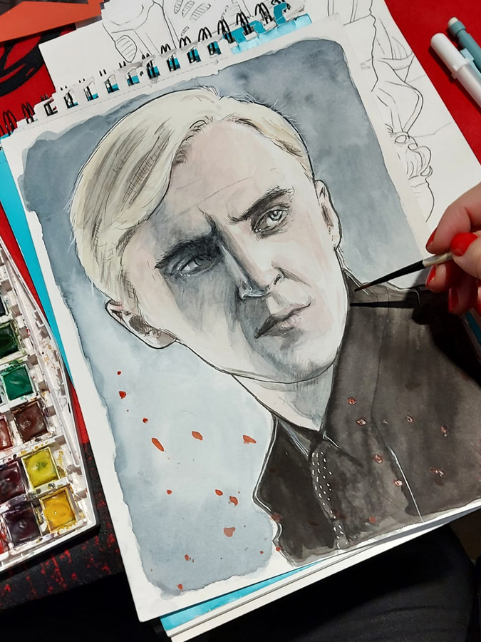 drago malfoy harry potter portrait serpentard fanart Cha'peau rouge illustration aquarelle dessin graphisme art Marie Charlotte Granié watercolors
