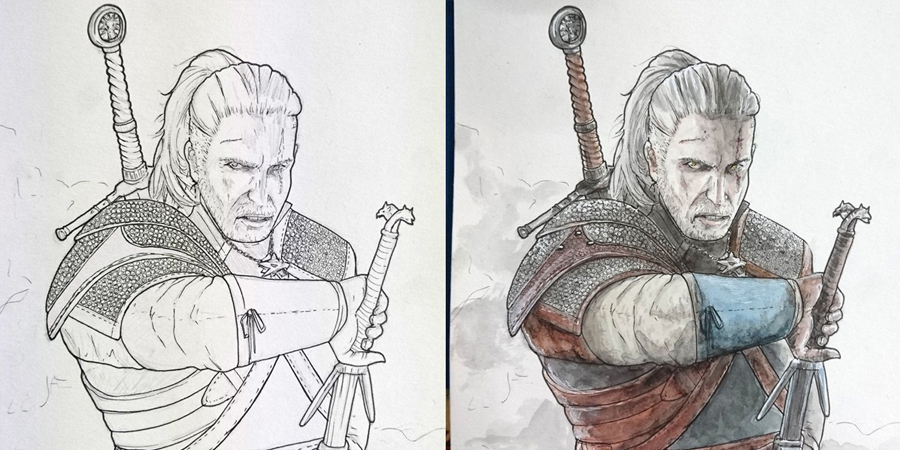 geralt de riv the witcher portrait fanart Cha'peau rouge illustration aquarelle dessin graphisme art Marie Charlotte Granié watercolors