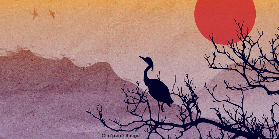 japon japan grue grave sun landscape paysage Cha'peau rouge illustration aquarelle dessin graphisme art Marie Charlotte Granié watercolors